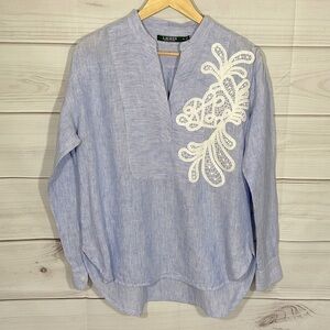 Lauren Ralph Lauren Blue & White Linen Applique Top Size PL
